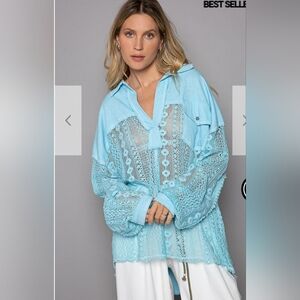 NWOT POL Blue Top with Elegant Lace Detailing